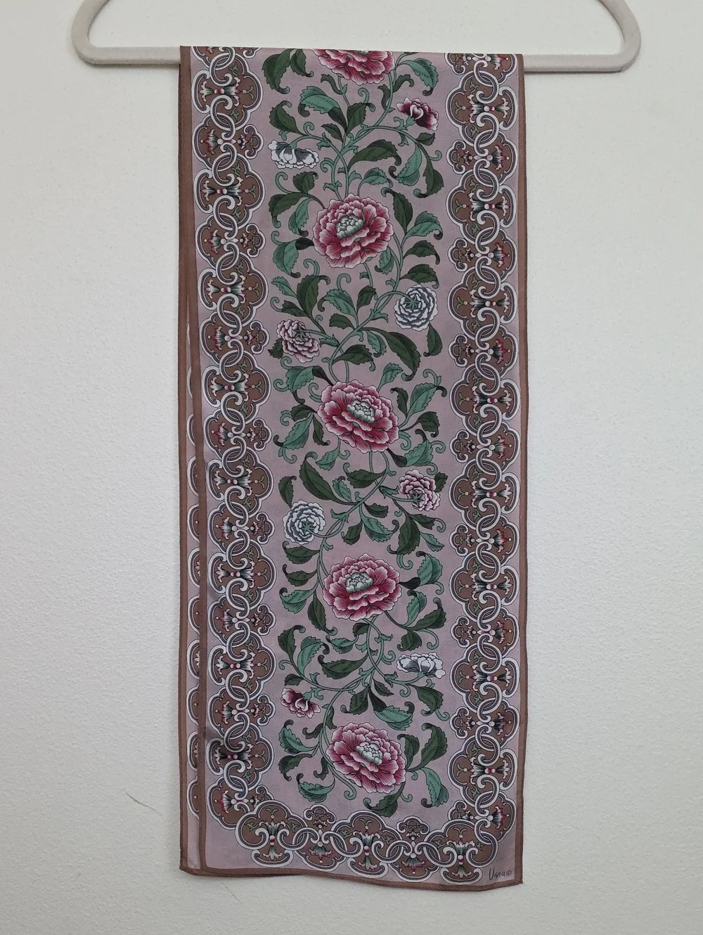 Vana Brown, Red, Green & Tan Floral Rectangular Scarf 50X 10.5